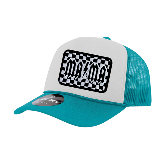 Teal Checkered Mama Trucker Hat